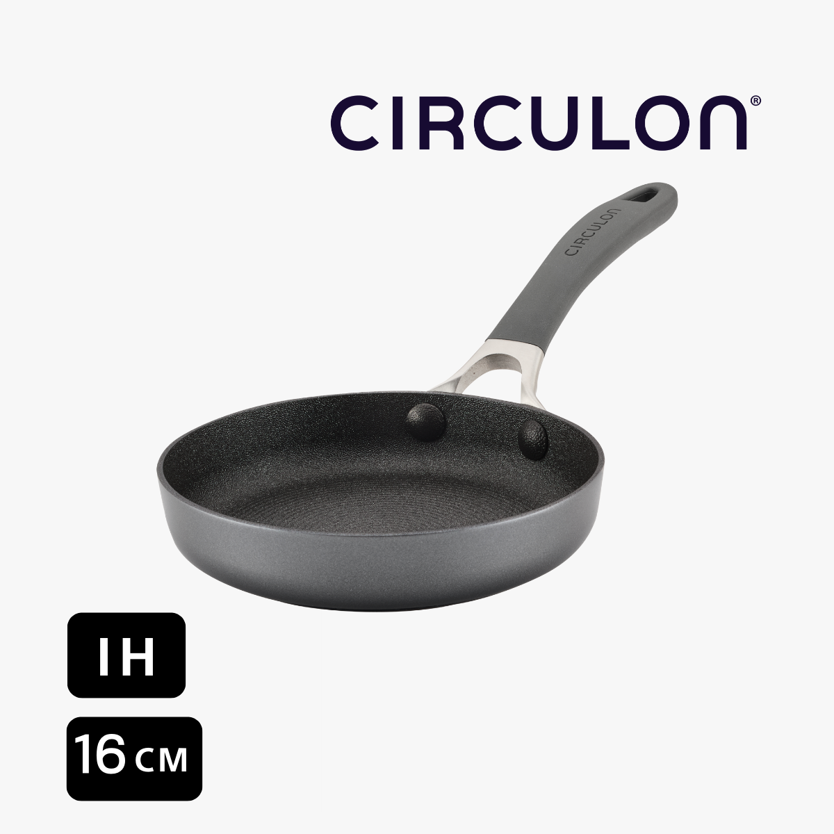 CIRCULON Frying Pan 
ScratchdefenseTM技術 – 極其不黏 
鍋内底部獲得專利的高低坑紋圓形設計
金屬烹飪工具適用的防刮不黏鍋内表面
不銹鋼底座可快速均匀加熱
防污不黏外層容易清潔
易握舒適矽膠手柄
