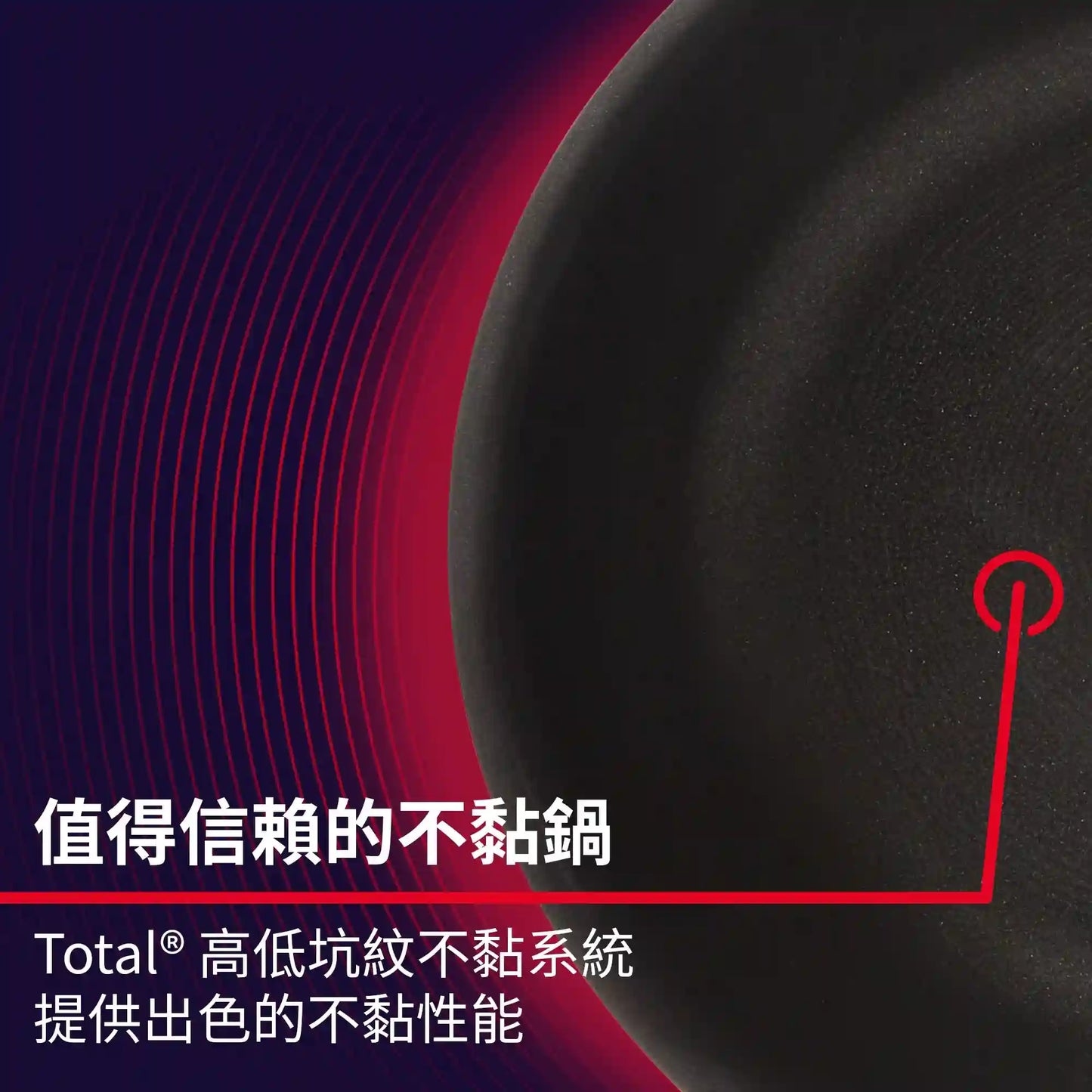 
                  
                    易潔不黏鍋內壁特寫，Total®高低坑紋設計提升不黏性能，深色鍋體搭配紅紫漸變背景
                  
                